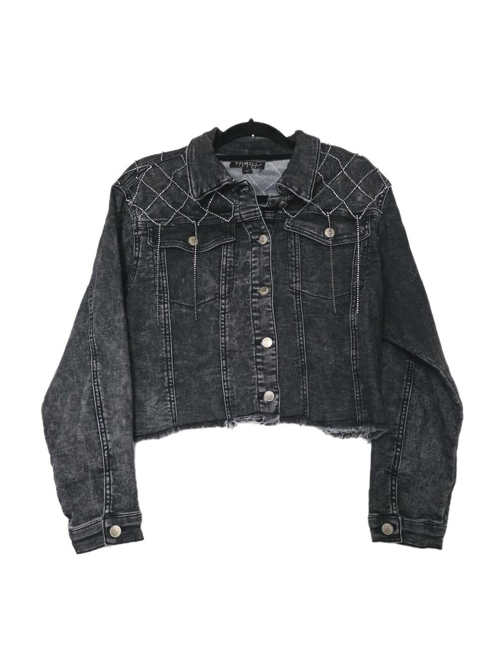 Thrill Jeans Denim Jacket Womens L Black Rhinestone Fringe Faded Y2K Grunge Punk